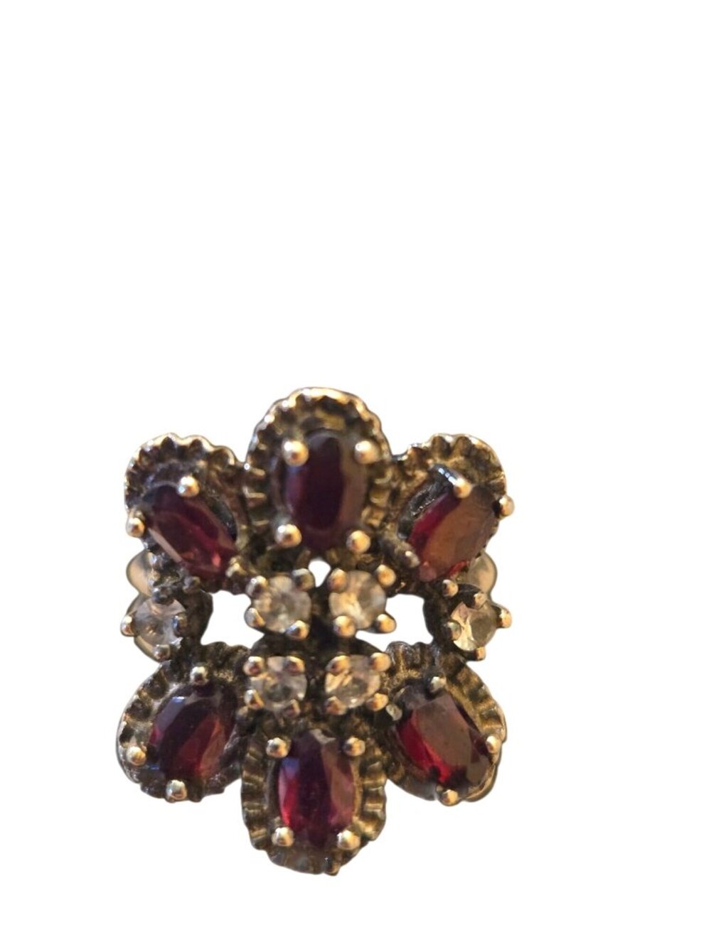 Vintage Sterling Silver Garnet & Clear Stone Flower Cluster Ring Size 5.5 - Picture 5 of 10
